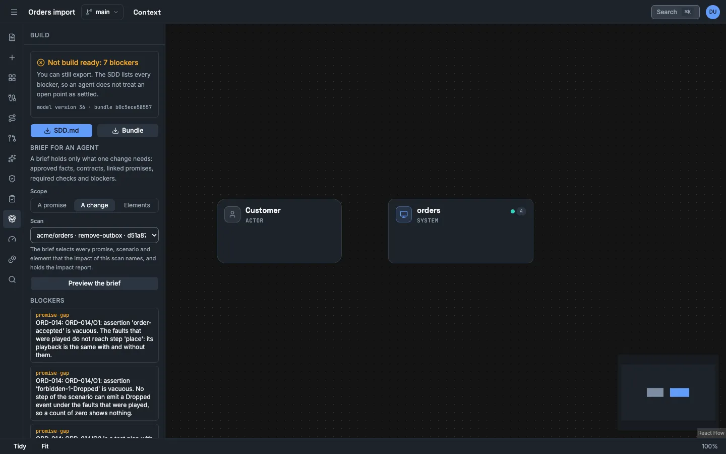 The Build flyout. The first box says Not build ready: 7 blockers and gives the model version and the bundle hash. Below Brief for an agent, the scope A change is selected with the scan of remove-outbox. The list Blockers starts below the button Preview the brief.