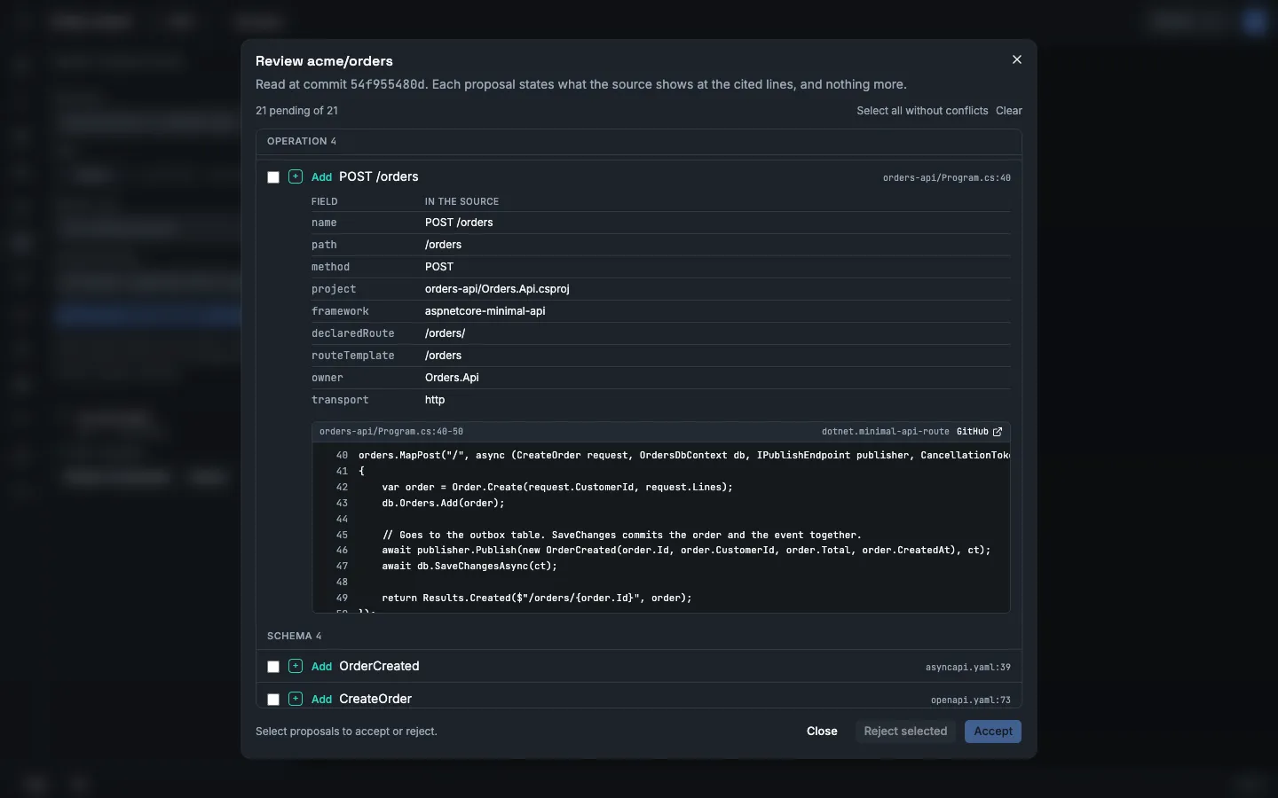 The dialog Review acme/orders with the proposal POST /orders open. A table lists the fields that the source gives. Below it are lines 40 to 49 of orders-api/Program.cs and the rule dotnet.minimal-api-route.