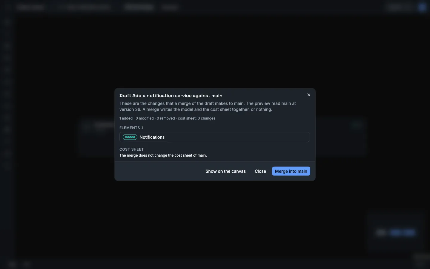 The dialog of the draft Add a notification service against main. It says: 1 added, 0 modified, 0 removed, cost sheet: 0 changes. The list Elements has the added element Notifications. The buttons are Show on the canvas, Close and Merge into main.