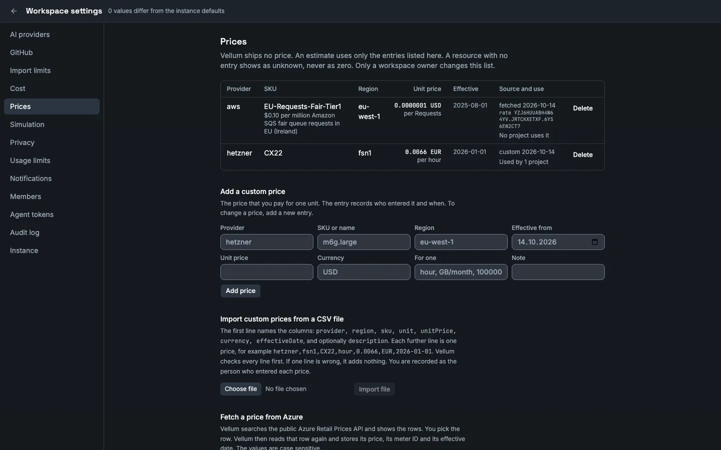 The Prices section of the workspace settings. The price book has two entries. The first is aws, EU-Requests-Fair-Tier1 in eu-west-1, 0.0000001 USD per Requests, fetched, with its rate code, and no project uses it. The second is hetzner, CX22 in fsn1, 0.0066 EUR per hour, custom, used by 1 project. Below are the form Add a custom price and the section Import custom prices from a CSV file.