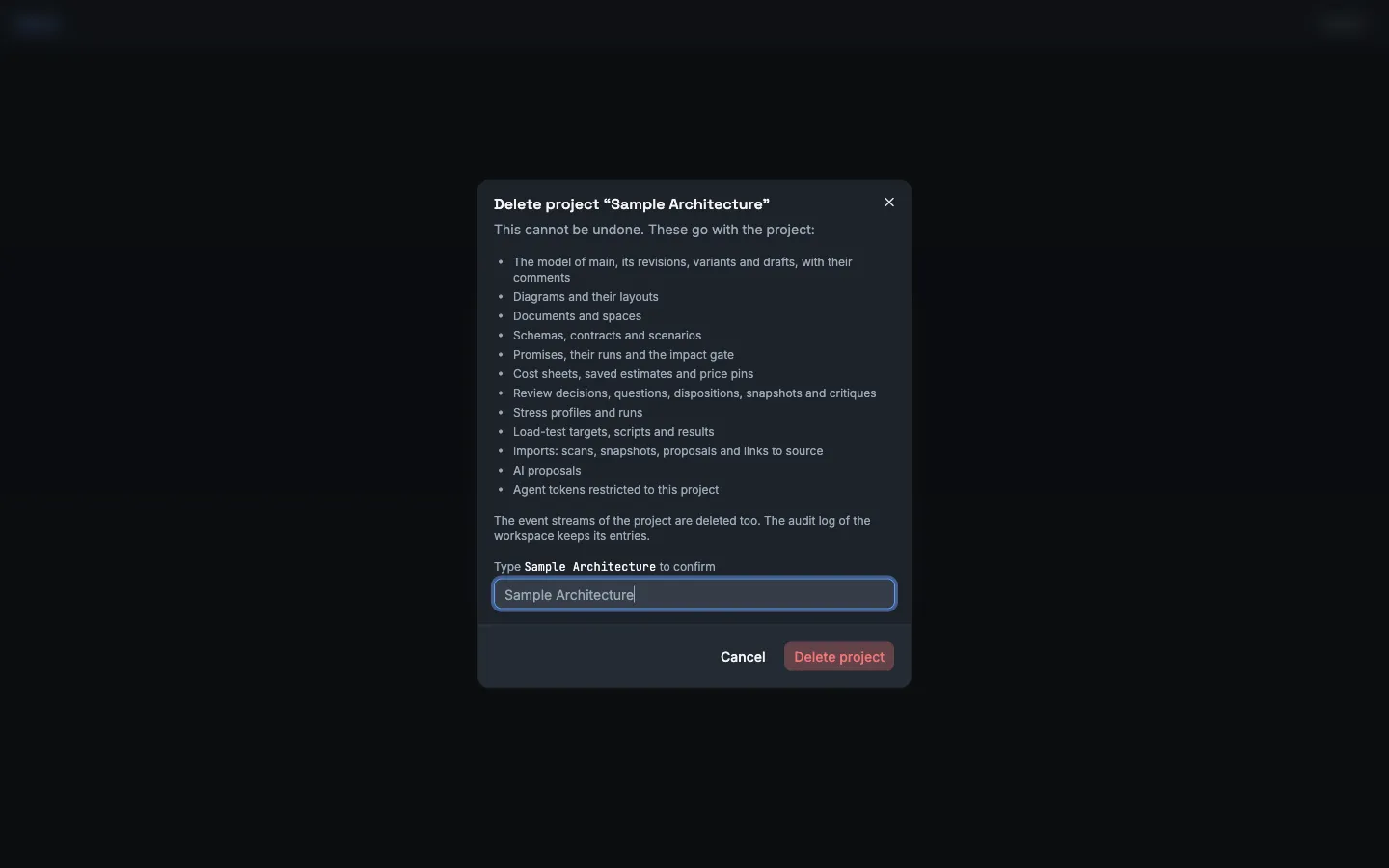 The dialog Delete project for the project Sample Architecture. It lists what goes with the project, one line for each module, from the model of main to the agent tokens of the project. The name Sample Architecture is typed in the field below the list. The buttons are Cancel and Delete project.