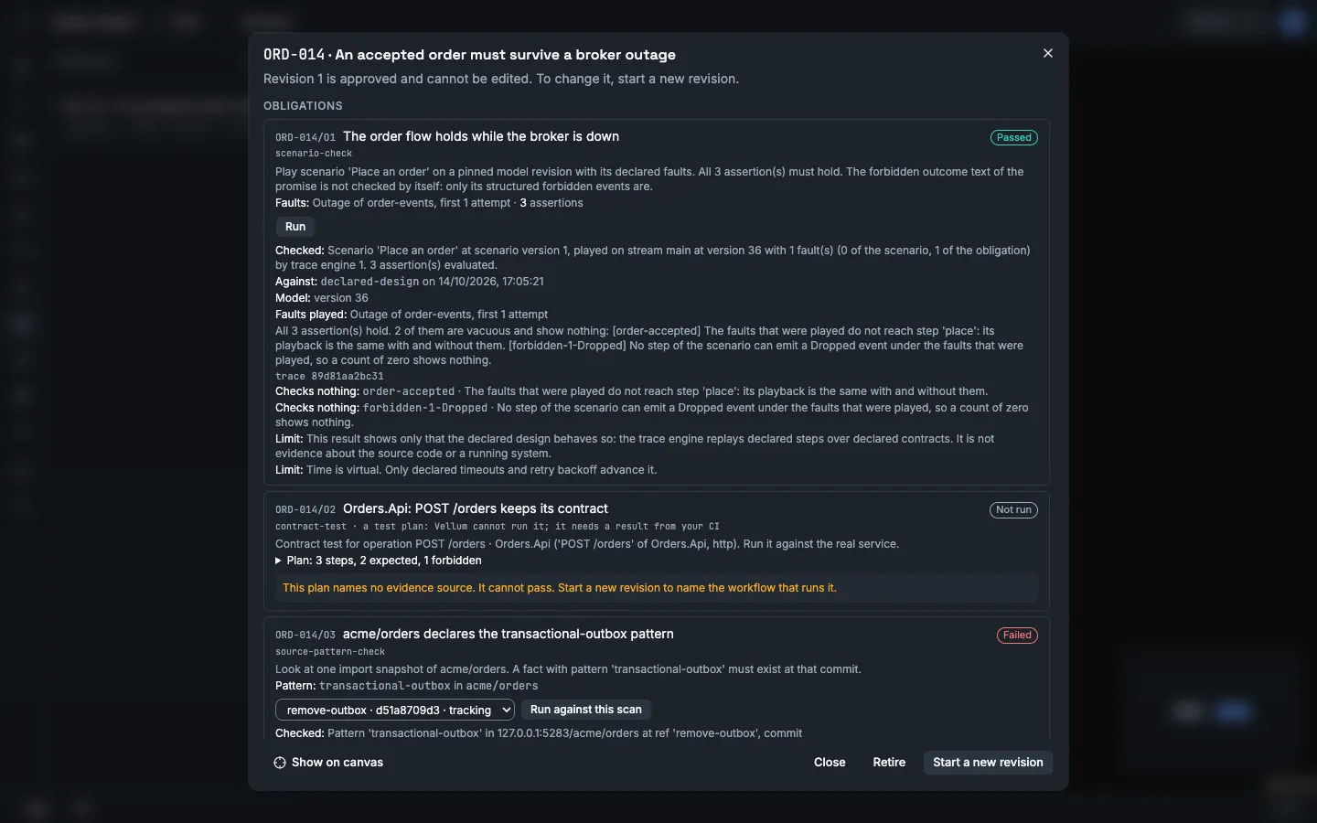The promise ORD-014 with three obligations. ORD-014/O1 has the label Passed, ORD-014/O2 has the label Not run, and ORD-014/O3 has the label Failed.