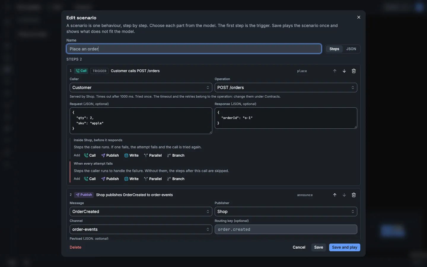 The scenario editor. The first step is a call with the mark Trigger: the caller Customer calls the operation POST /orders. Below the call fields are the request and the response as JSON, the timeout and the retries of the operation, and the two step lists of the call. The second step publishes OrderCreated to order-events.