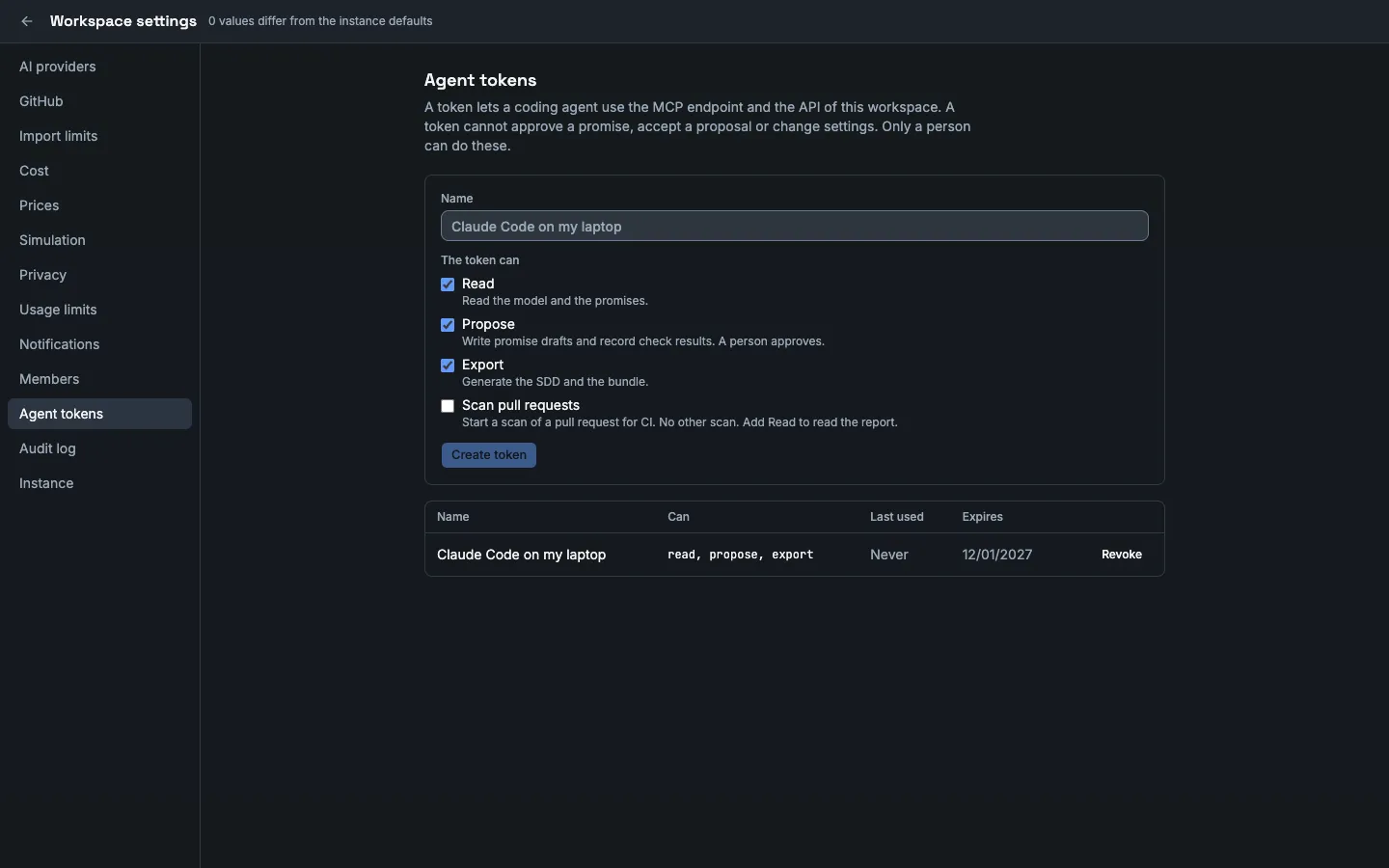 The Agent tokens section of the workspace settings. The form has a Name and the checkboxes Read, Propose, Export and Scan pull requests below The token can. The table below lists the token Claude Code on my laptop that can read, propose and export, was never used, expires on 12/01/2027 and has the button Revoke.
