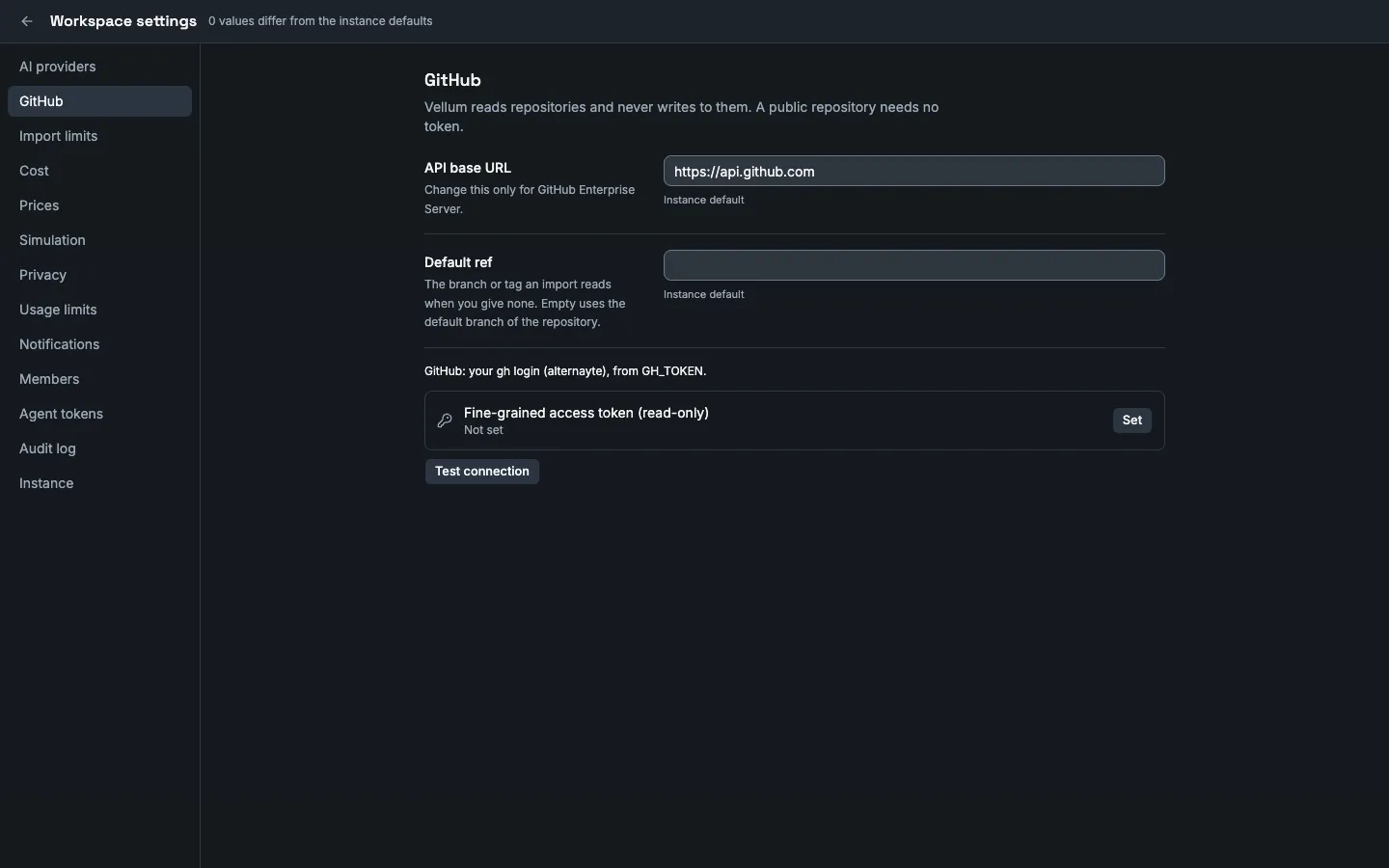 The GitHub section of the workspace settings. API base URL is https://api.github.com, the instance default. Default ref is empty. The line below says GitHub: your gh login, from GH_TOKEN. The fine-grained access token (read-only) is Not set, with the button Set. Below it is the button Test connection.