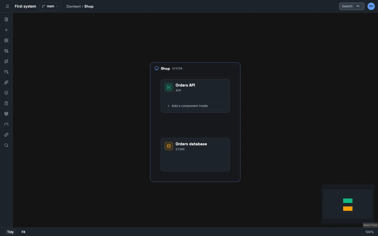 The canvas at the level Context › Shop. A frame with the name Shop and the kind System holds two cards: the app Orders API and the store Orders database.