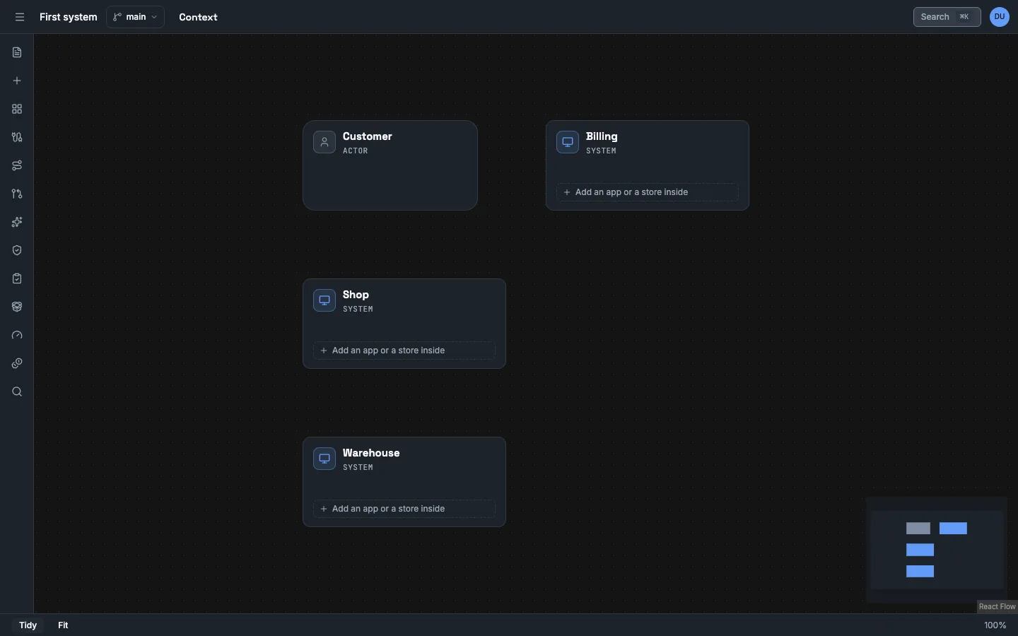 The canvas after Tidy. The actor Customer and the systems Billing, Shop and Warehouse each have a card with the name and the kind. Each system card has the button Add an app or a store inside.